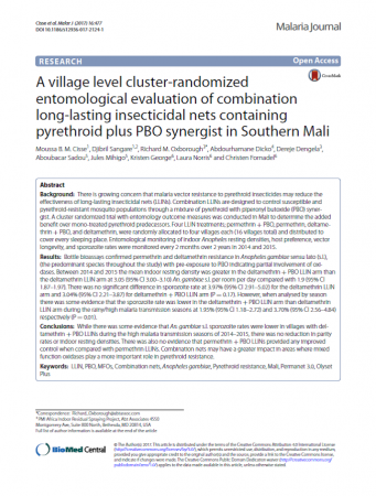 A Village Level Cluster of Randomized Ento Evaluation of LLIN with Pyrethroid and PBO in Mali