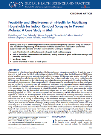 Feasibility and Effectiveness of mHealth for Mobilizing Household for IRS. Global Health Science and Practice, 2016
