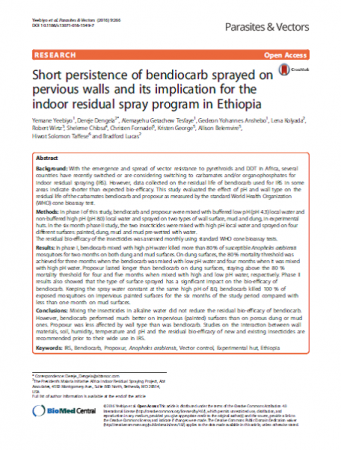 Short Persistence of Bendiocarb Sprayed on Pervious Walls and its Implication on the IRS Program in Ethiopia, Parasites & Vectors, May 2016